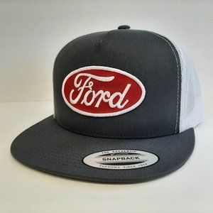 Ford Embroidered Patch Flat Bill Mesh Snapback Cap Hat Gray & White